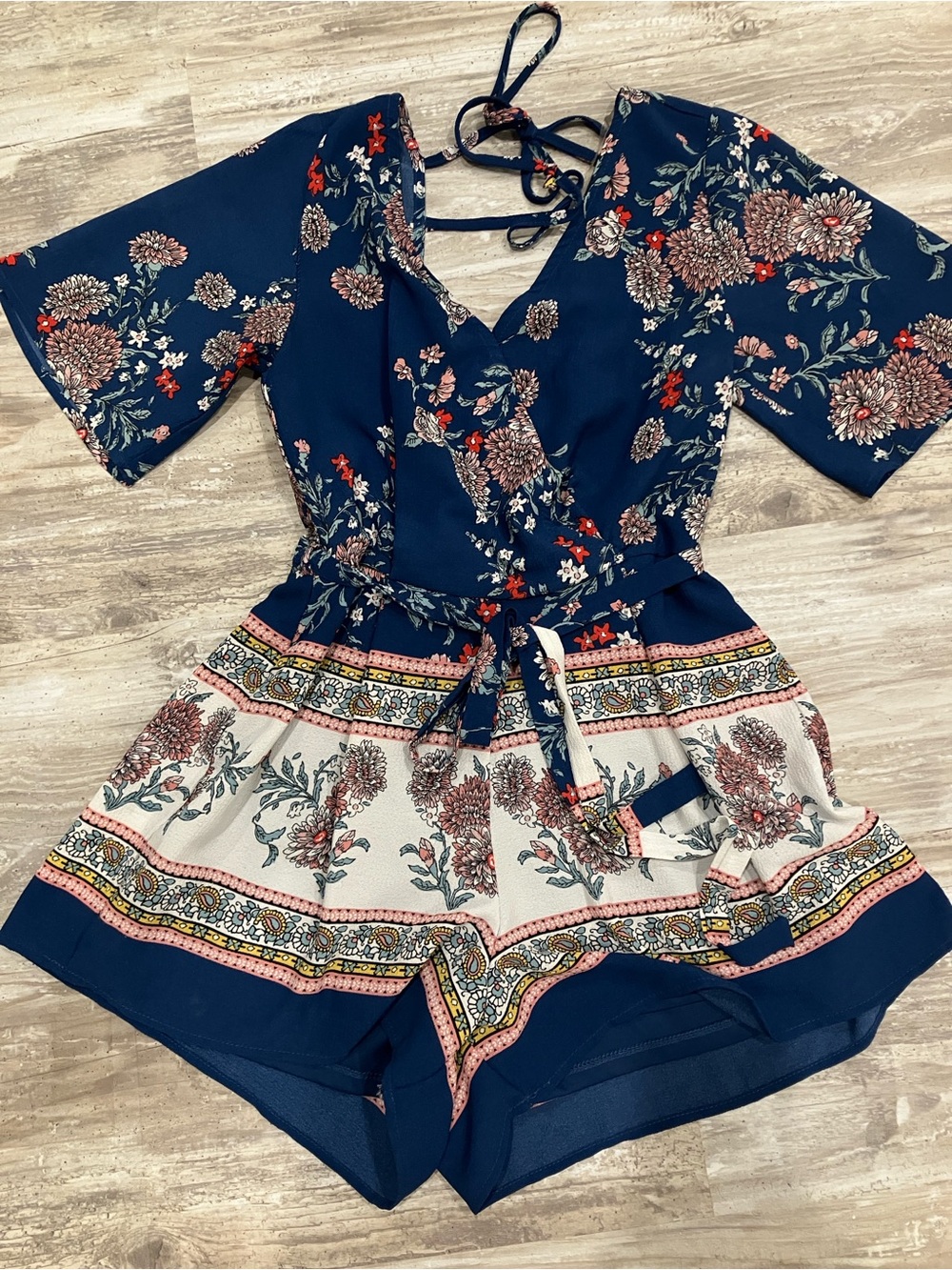 Three Hearts Navy Floral Tie-Back Romper